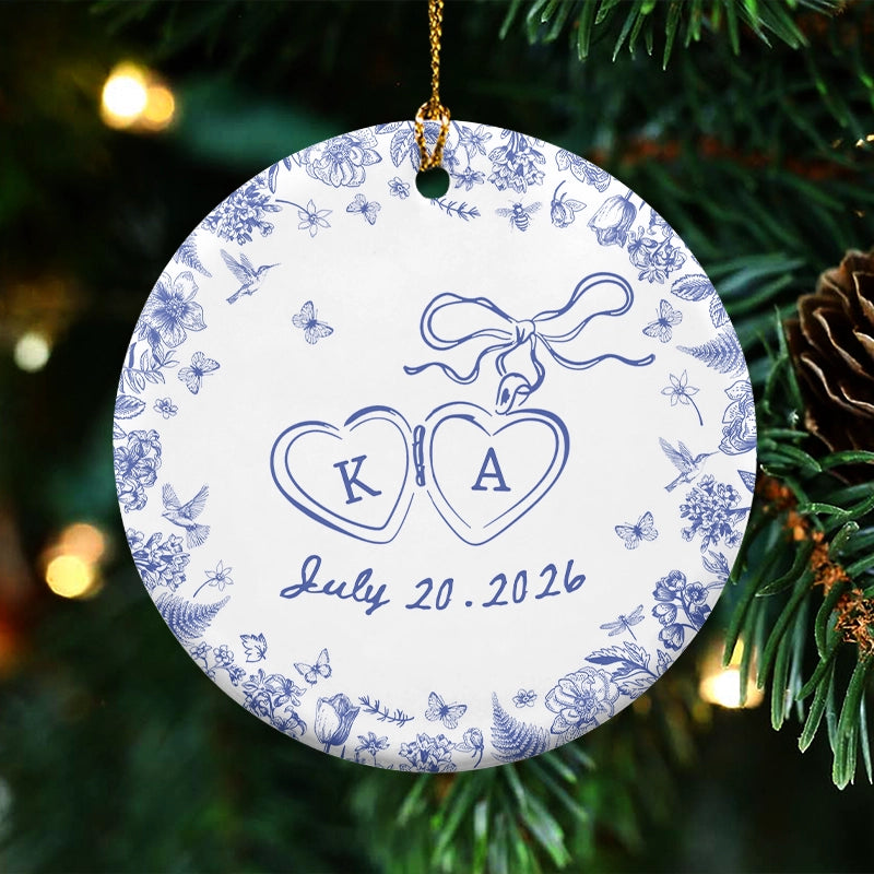 Engagement Gift - Blue Toile De Jouy - Personalized Circle Ceramic Ornament