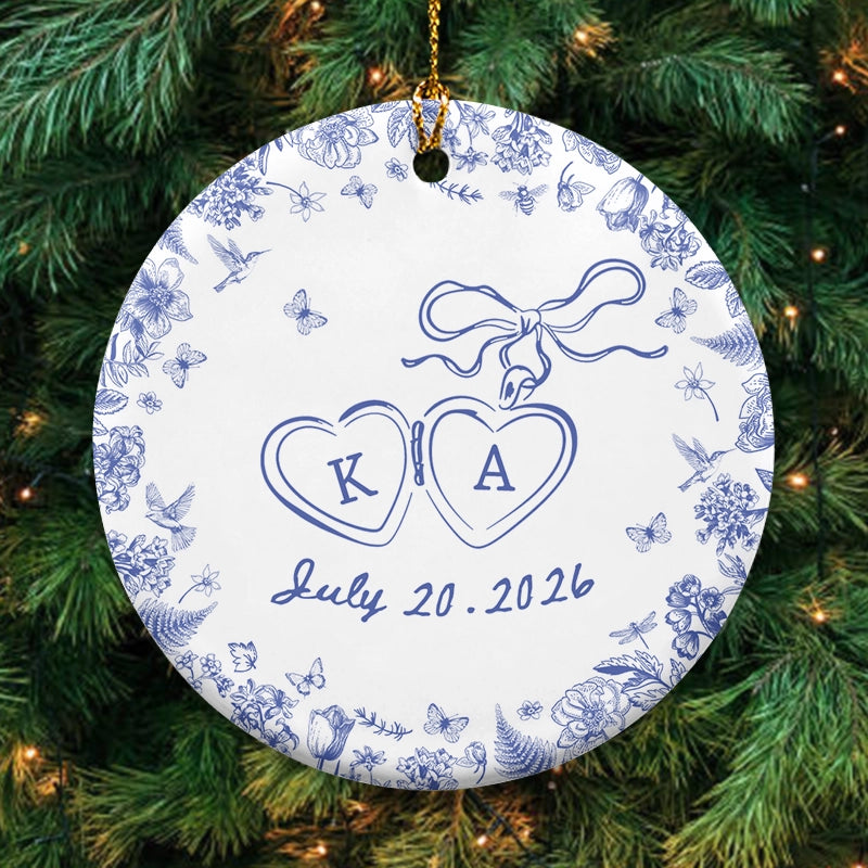 Engagement Gift - Blue Toile De Jouy - Personalized Circle Ceramic Ornament