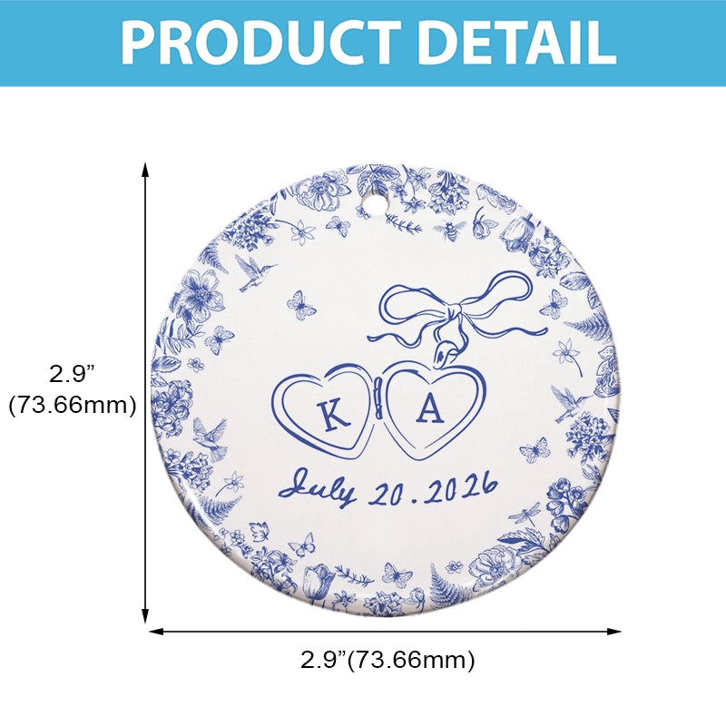 Engagement Gift - Blue Toile De Jouy - Personalized Circle Ceramic Ornament