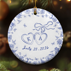 Engagement Gift - Blue Toile De Jouy - Personalized Circle Ceramic Ornament