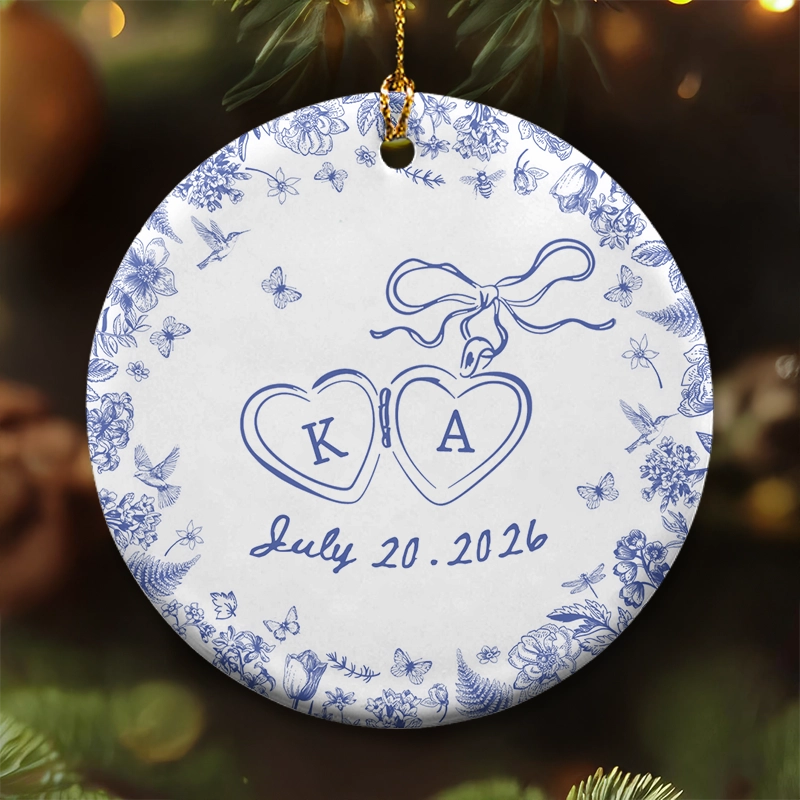 Engagement Gift - Blue Toile De Jouy - Personalized Circle Ceramic Ornament