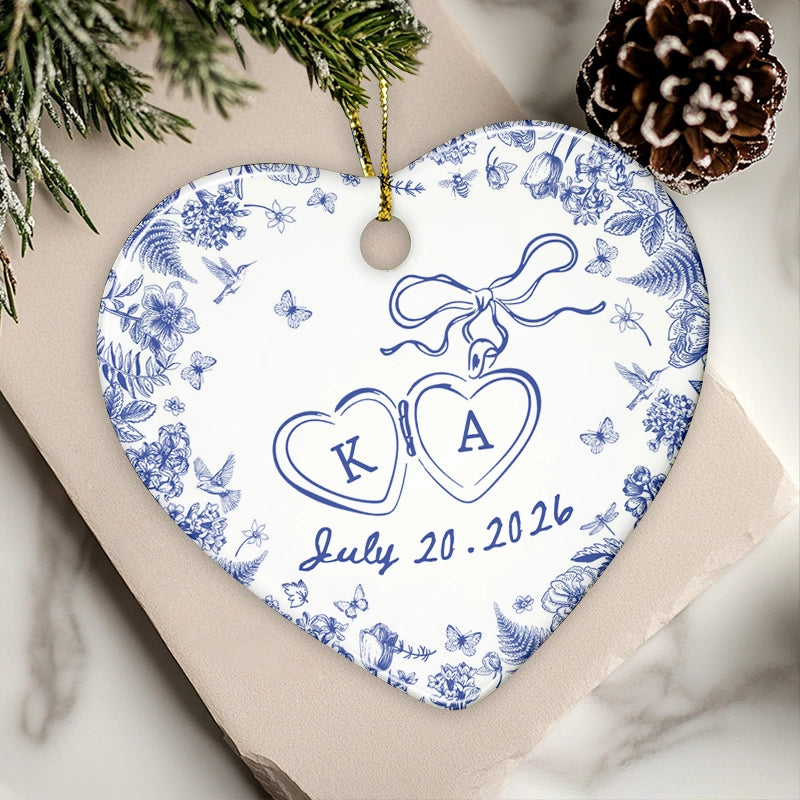 Engagement Gift - Blue Toile De Jouy - Personalized Heart Ceramic Ornament