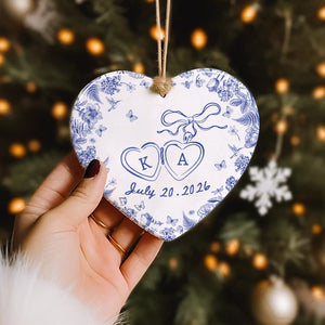 Engagement Gift - Blue Toile De Jouy - Personalized Heart Ceramic Ornament