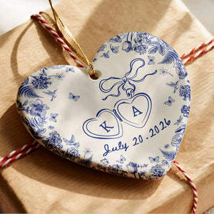 Engagement Gift - Blue Toile De Jouy - Personalized Heart Ceramic Ornament