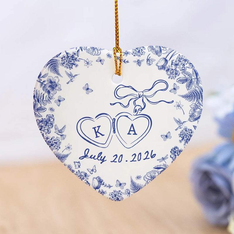Engagement Gift - Blue Toile De Jouy - Personalized Heart Ceramic Ornament