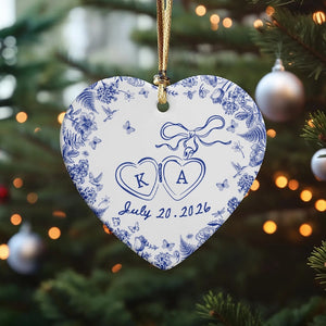 Engagement Gift - Blue Toile De Jouy - Personalized Heart Ceramic Ornament