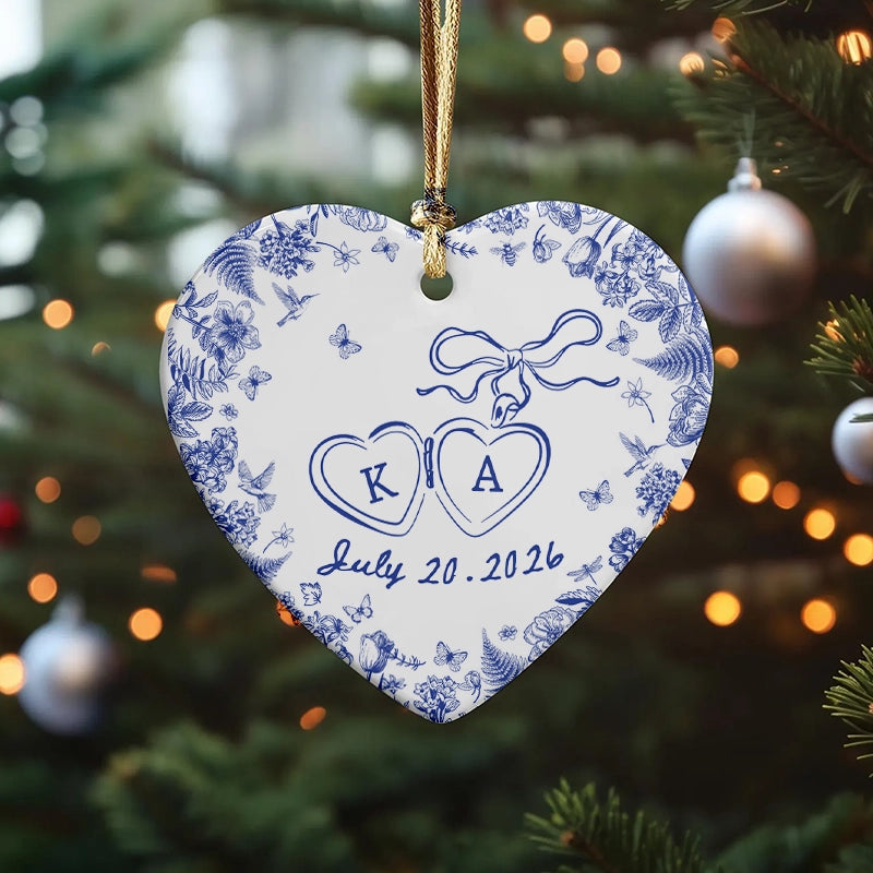 Engagement Gift - Blue Toile De Jouy - Personalized Heart Ceramic Ornament