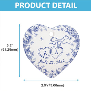 Engagement Gift - Blue Toile De Jouy - Personalized Heart Ceramic Ornament