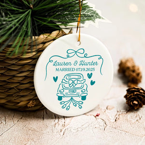 Just Married Car - First Christmas Married, Custom Wedding Gift For Bride Groom - Personalized Circle Ceramic Ornament