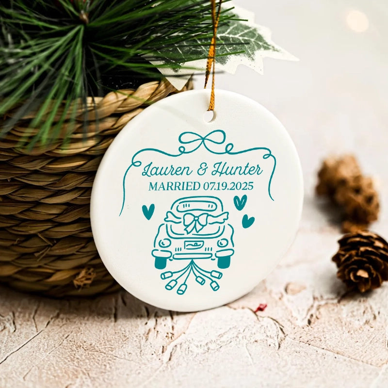 Just Married Car - First Christmas Married, Custom Wedding Gift For Bride Groom - Personalized Circle Ceramic Ornament