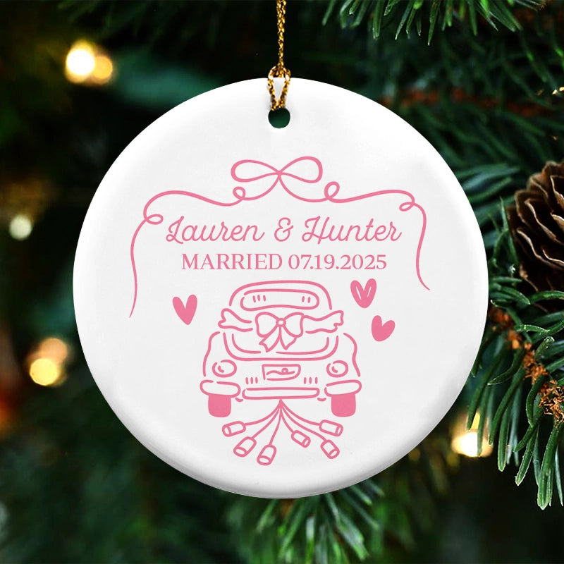 Just Married Car - First Christmas Married, Custom Wedding Gift For Bride Groom - Personalized Circle Ceramic Ornament