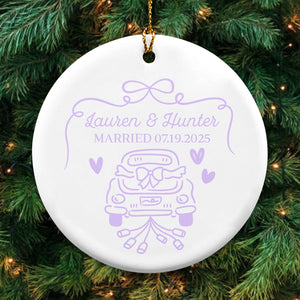 Just Married Car - First Christmas Married, Custom Wedding Gift For Bride Groom - Personalized Circle Ceramic Ornament