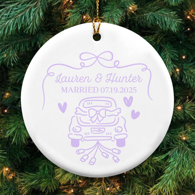 Just Married Car - First Christmas Married, Custom Wedding Gift For Bride Groom - Personalized Circle Ceramic Ornament
