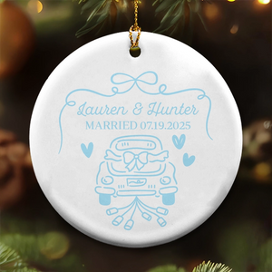 Just Married Car - First Christmas Married, Custom Wedding Gift For Bride Groom - Personalized Circle Ceramic Ornament