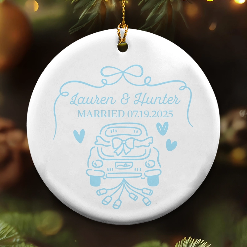 Just Married Car - First Christmas Married, Custom Wedding Gift For Bride Groom - Personalized Circle Ceramic Ornament