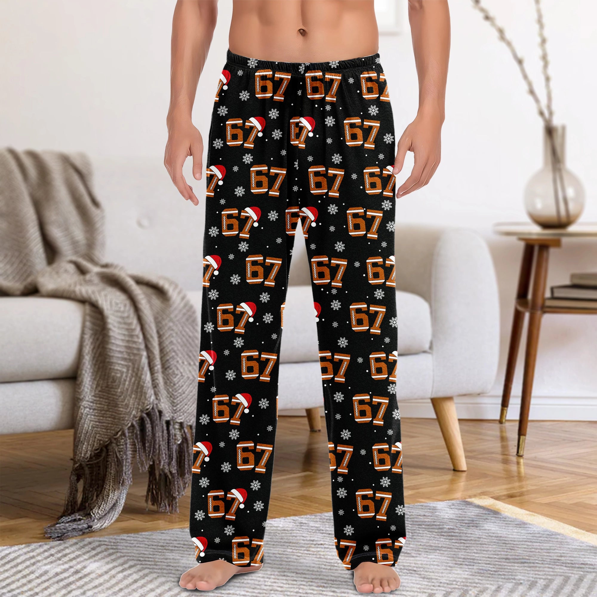 Festive 67 Football Christmas - Holiday Sleepwear, Sporty Santa Fan Gift - Personalized Pajama Pants