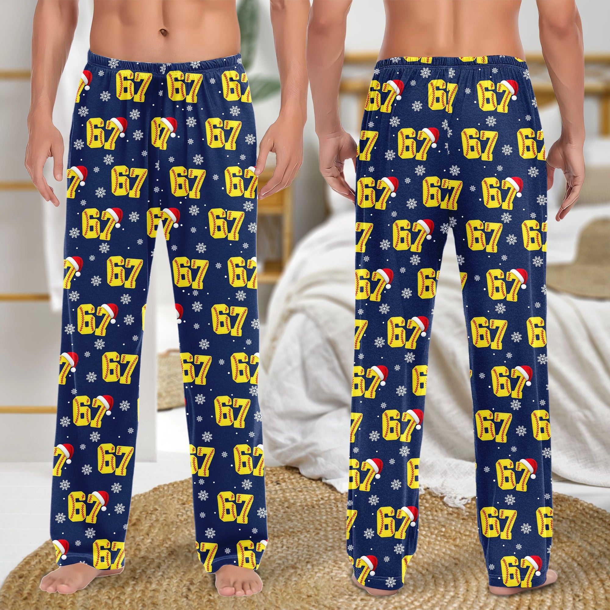 Festive 67 Football Christmas - Holiday Sleepwear, Sporty Santa Fan Gift - Personalized Pajama Pants