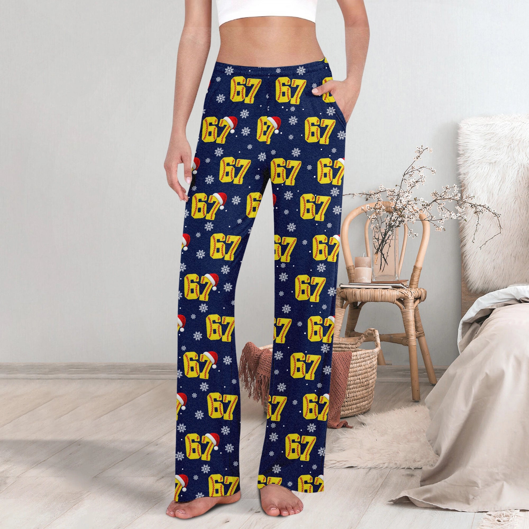 Festive 67 Football Christmas - Holiday Sleepwear, Sporty Santa Fan Gift - Personalized Pajama Pants