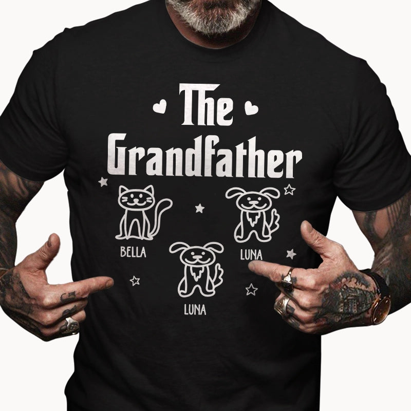 Grandfather Dog & Cat Line Art - Gift For Grandpa, Dad, Grandparents - Personalized T-Shirt