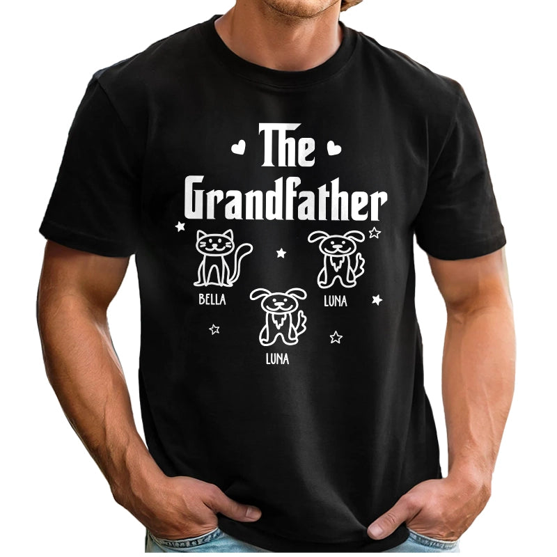 Grandfather Dog & Cat Line Art - Gift For Grandpa, Dad, Grandparents - Personalized T-Shirt