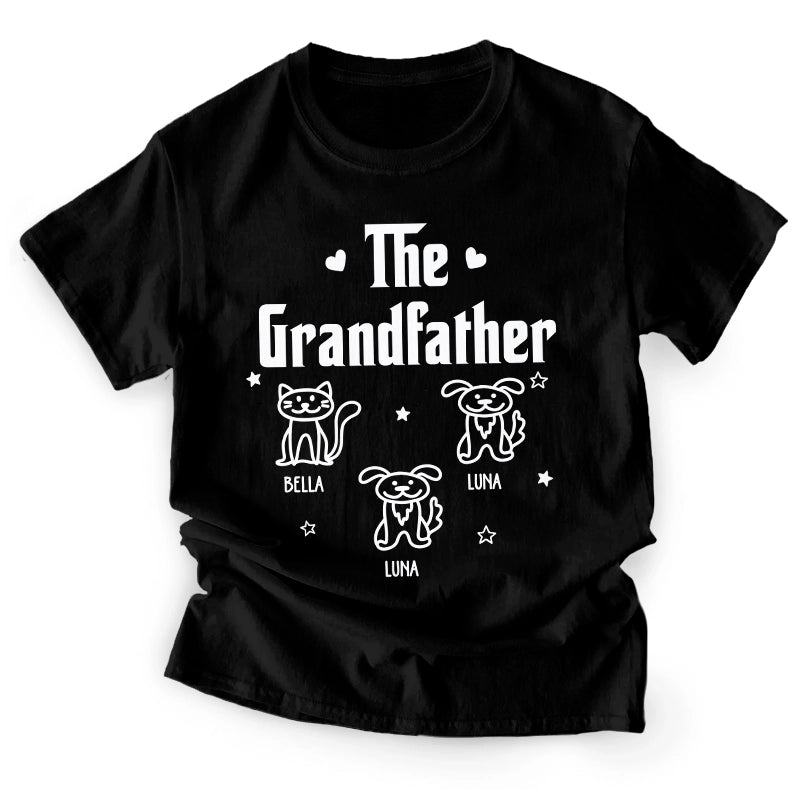 Grandfather Dog & Cat Line Art - Gift For Grandpa, Dad, Grandparents - Personalized T-Shirt