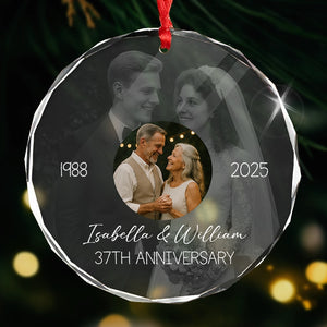 Wedding Anniversary Then & Now Couples Photo - Personalized Circle Glass Photo Ornament