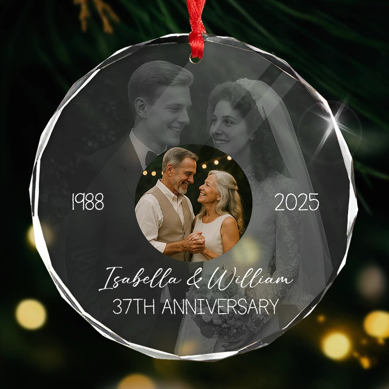 Wedding Anniversary Then & Now Couples Photo - Personalized Circle Glass Photo Ornament