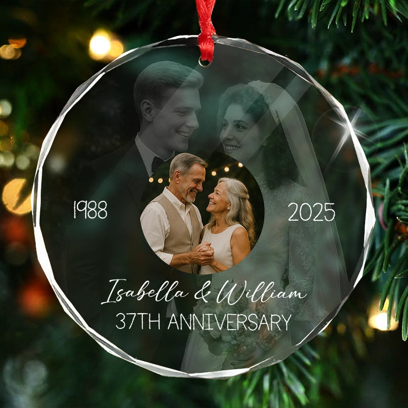 Wedding Anniversary Then & Now Couples Photo - Personalized Circle Glass Photo Ornament