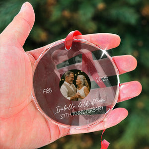 Wedding Anniversary Then & Now Couples Photo - Personalized Circle Glass Photo Ornament