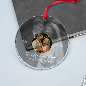 Wedding Anniversary Then & Now Couples Photo - Personalized Circle Glass Photo Ornament