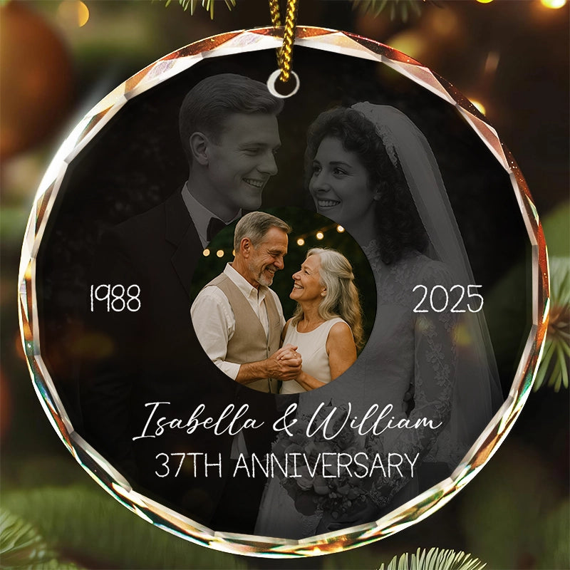 Wedding Anniversary Then & Now Couples Photo - Personalized Circle Glass Photo Ornament