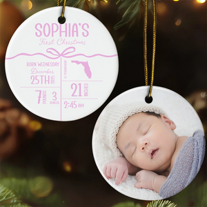Baby's First Christmas - Baby, Newborn Birth Stats - Personalized Circle Ceramic Ornament