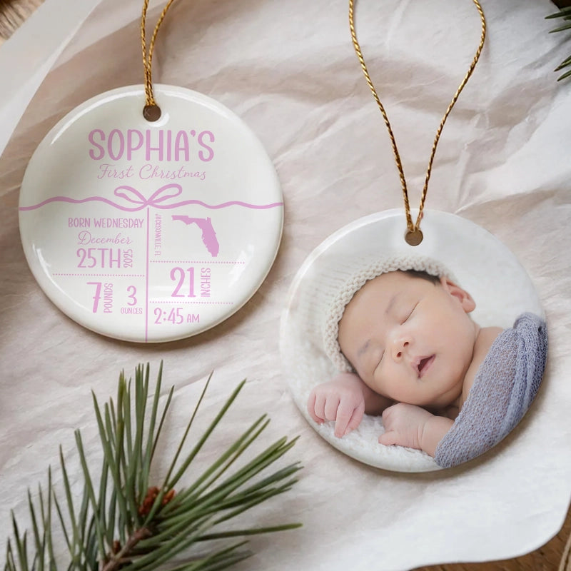 Baby's First Christmas - Baby, Newborn Birth Stats - Personalized Circle Ceramic Ornament
