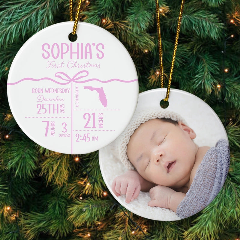 Baby's First Christmas - Baby, Newborn Birth Stats - Personalized Circle Ceramic Ornament