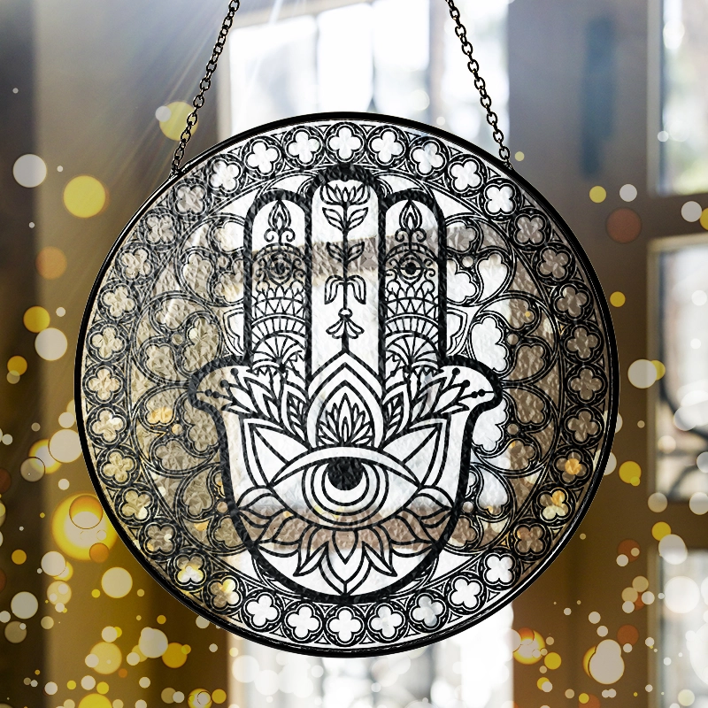 Colorful Hamsa Hand Evil Eye - Spiritual Good Luck - Personalized Stained Glass Suncatcher