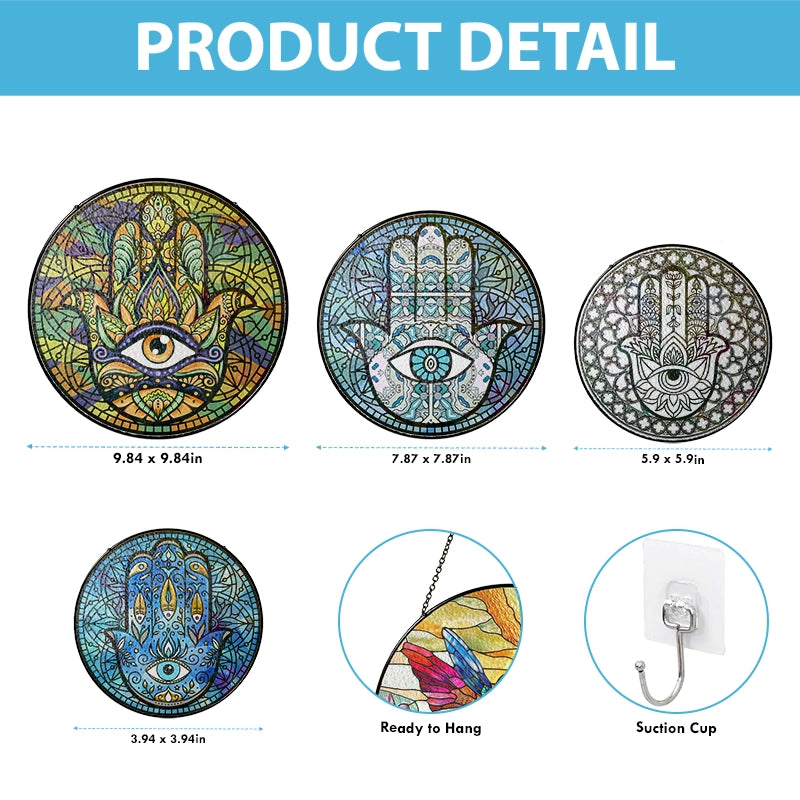 Colorful Hamsa Hand Evil Eye - Spiritual Good Luck - Personalized Stained Glass Suncatcher