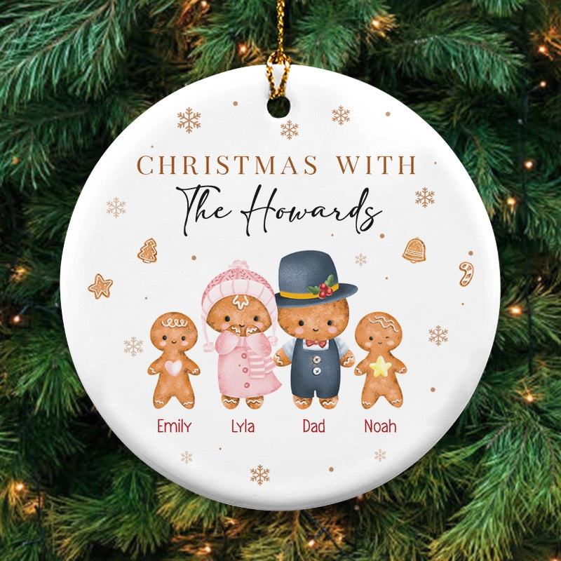 Christmas With Our Family - Gingerbread Family Christmas Gift - Personalized Circle Ceramic Ornament