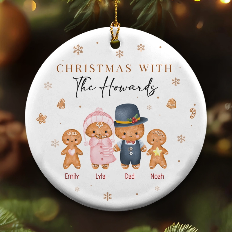 Christmas With Our Family - Gingerbread Family Christmas Gift - Personalized Circle Ceramic Ornament