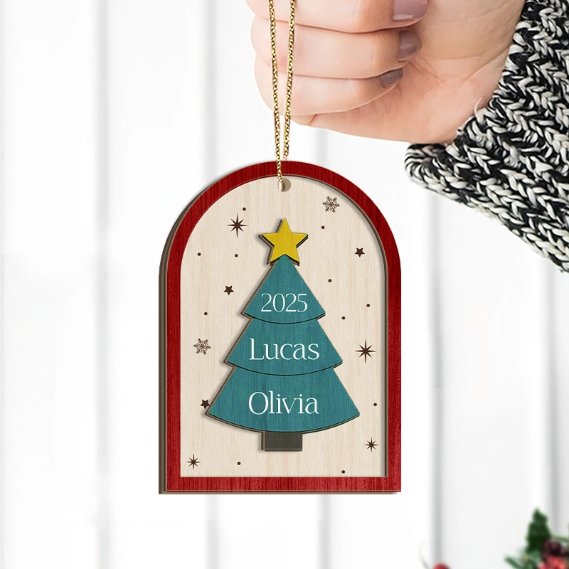Family Christmas Tree 2025 - Personalized 2-Layered Wooden Ornament