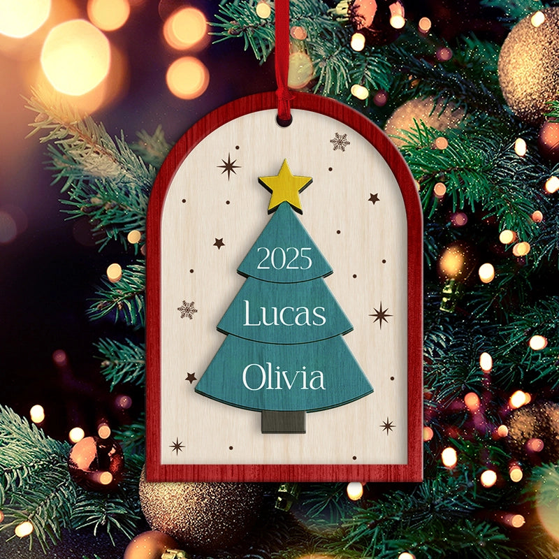 Family Christmas Tree 2025 - Personalized 2-Layered Wooden Ornament