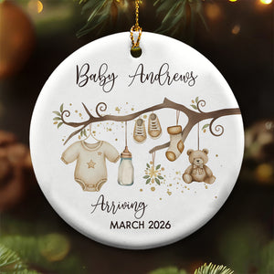 Baby Arriving - Baby Coming Soon Ornament Pregnancy Reveal - Personalized Circle Ceramic Ornament