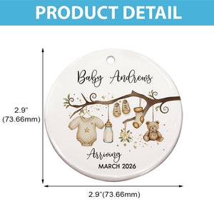 Baby Arriving - Baby Coming Soon Ornament Pregnancy Reveal - Personalized Circle Ceramic Ornament
