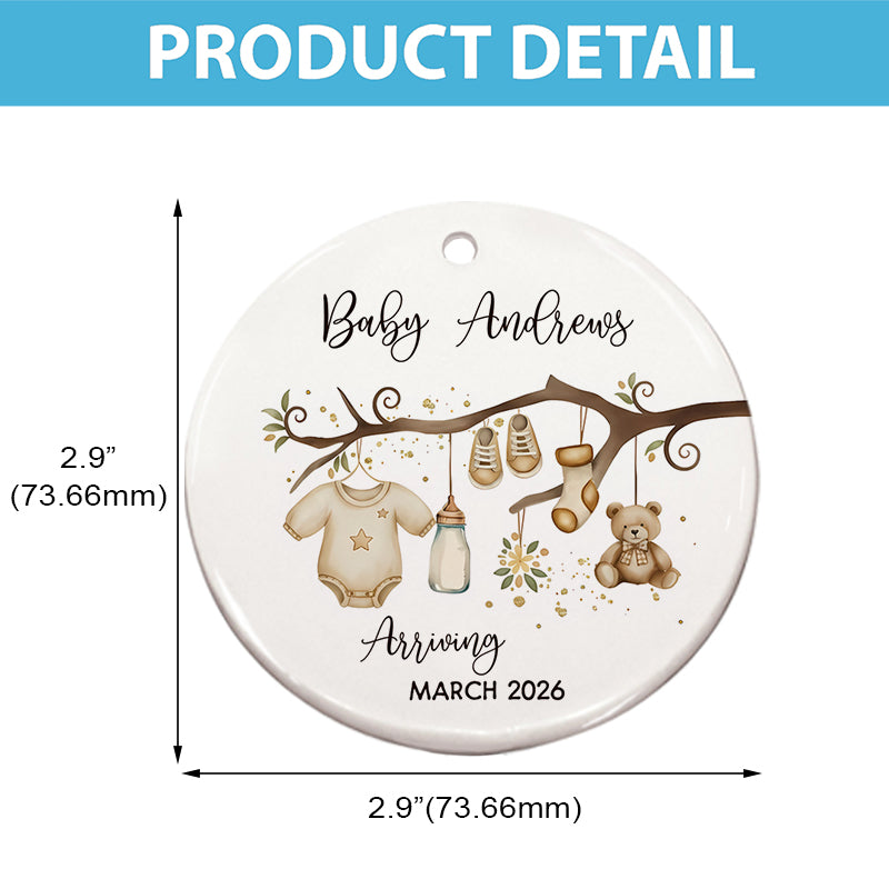 Baby Arriving - Baby Coming Soon Ornament Pregnancy Reveal - Personalized Circle Ceramic Ornament