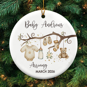 Baby Arriving - Baby Coming Soon Ornament Pregnancy Reveal - Personalized Circle Ceramic Ornament