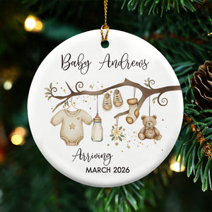 Baby Arriving - Baby Coming Soon Ornament Pregnancy Reveal - Personalized Circle Ceramic Ornament