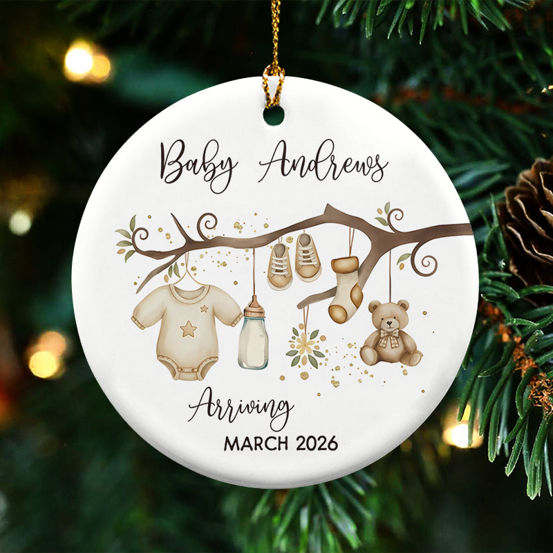 Baby Arriving - Baby Coming Soon Ornament Pregnancy Reveal - Personalized Circle Ceramic Ornament