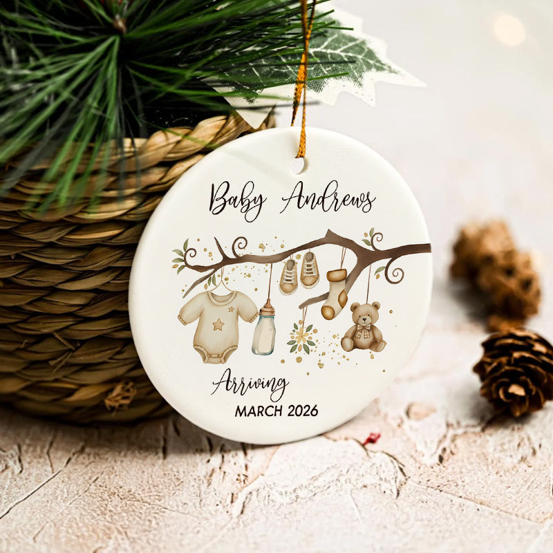 Baby Arriving - Baby Coming Soon Ornament Pregnancy Reveal - Personalized Circle Ceramic Ornament