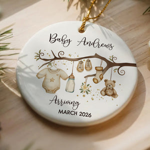 Baby Arriving - Baby Coming Soon Ornament Pregnancy Reveal - Personalized Circle Ceramic Ornament