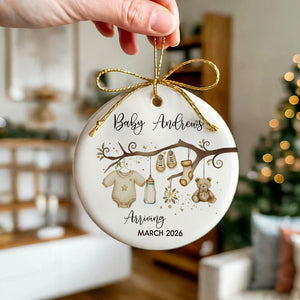 Baby Arriving - Baby Coming Soon Ornament Pregnancy Reveal - Personalized Circle Ceramic Ornament